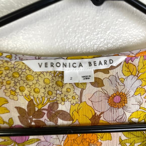 Veronica Beard Kitt Floral Silk Blouse Womens Size 2 Yellow Tie Neck Ruffle - Picture 10 of 11